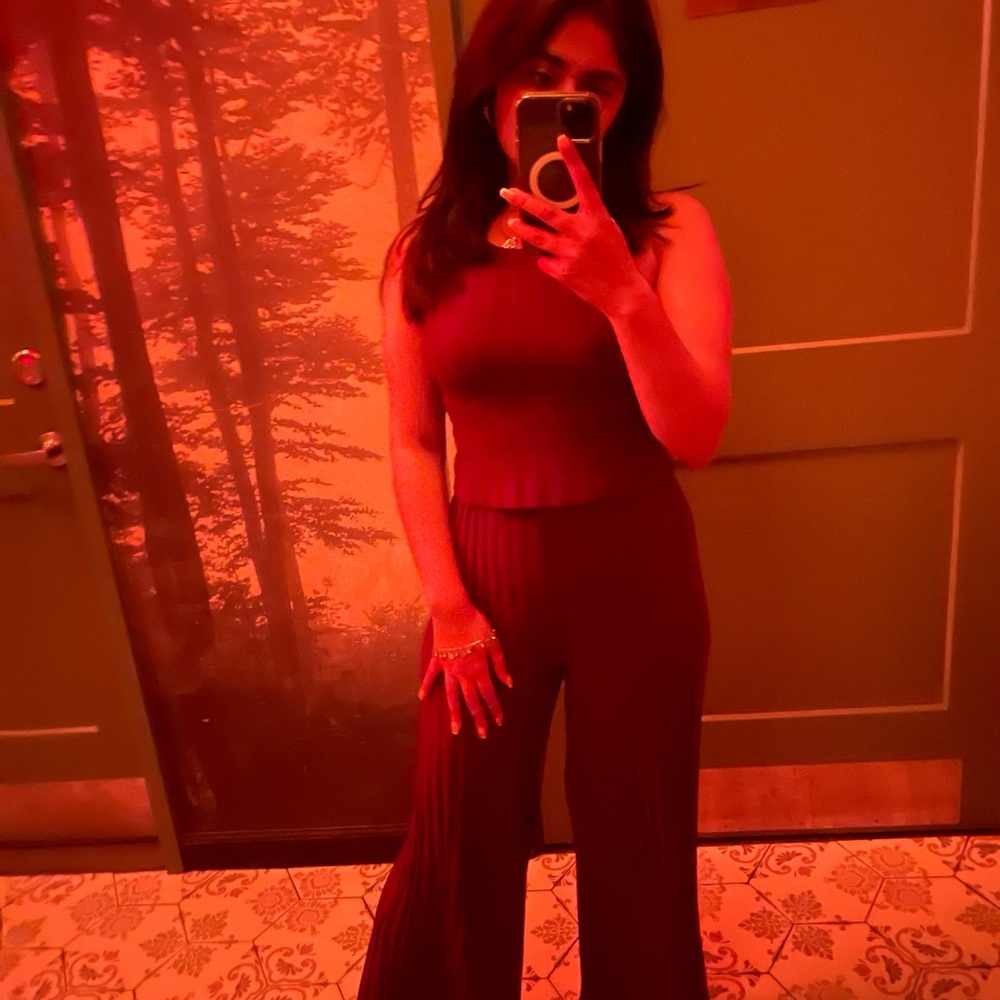 Red Wide Leg Jumpsuit with Fitted Bodice